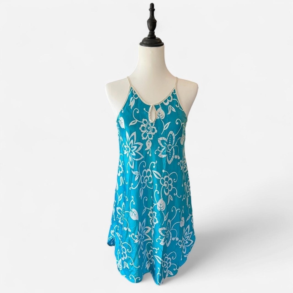 Morgan Taylor Intimates Teal Floral Satin Cami Slip Dress Vintage Y2K Small